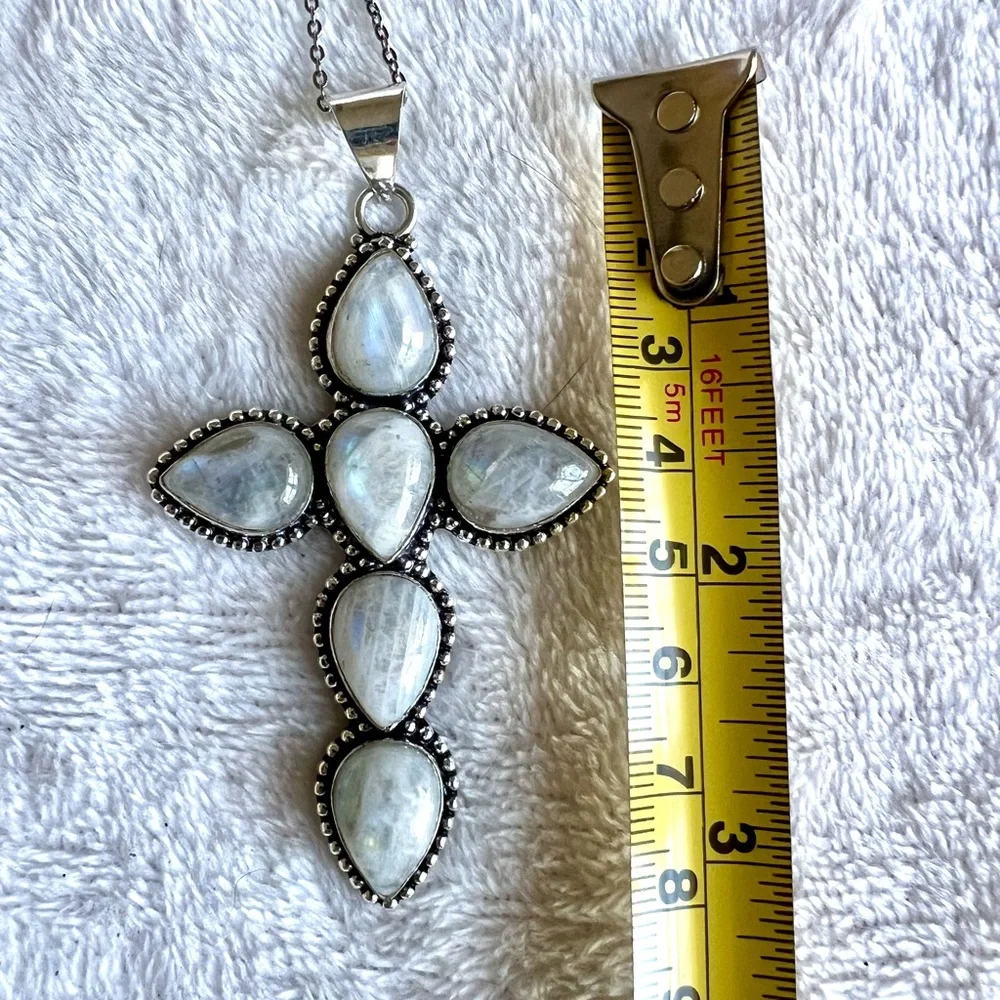 925 HUGE! Rainbow Moonstone CROSS Necklace Pendant - Picture 3 of 5